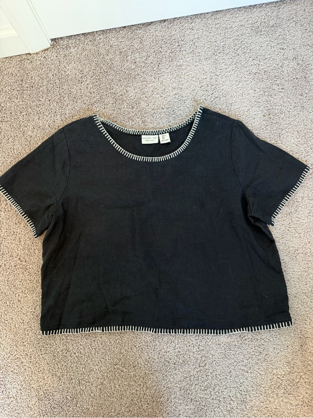 100% Linen Black Crop Tee with Contrast Stitching